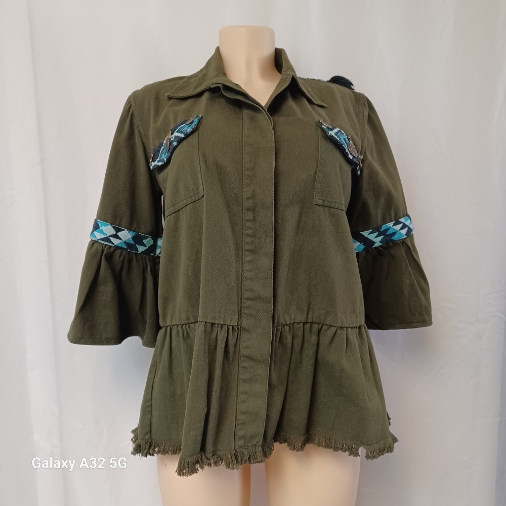 Anthropologie Olive Green Jacket with Blue Accentsaztec Prin Size S